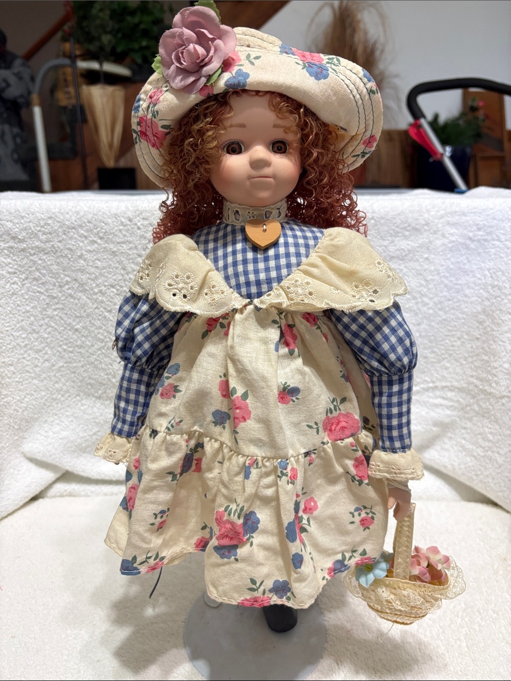 Porcelain Collectible Doll in Cream Floral Dress with Blue Gingham